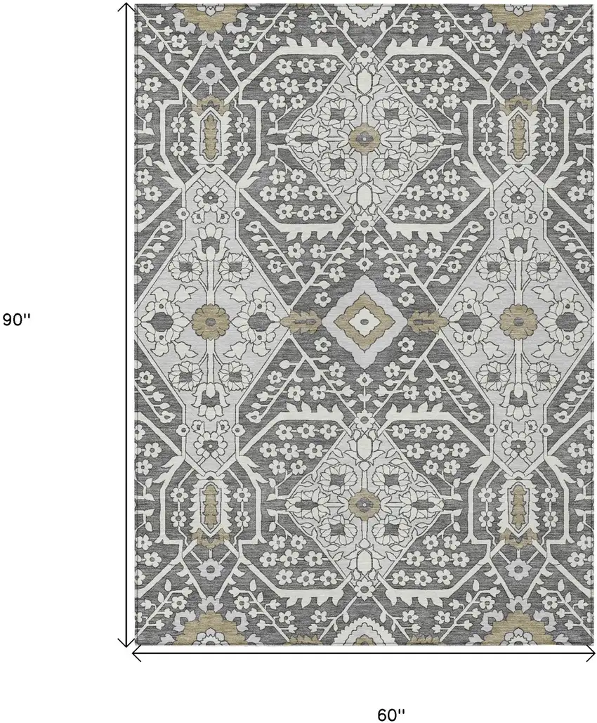 Charcoal Gray And Taupe Floral Washable Indoor Outdoor Area Rug Photo 3