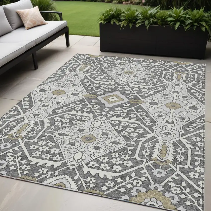 Charcoal Gray And Taupe Floral Washable Indoor Outdoor Area Rug Photo 1