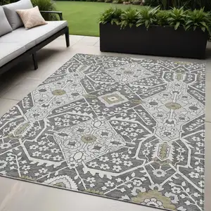 Photo of Charcoal Gray And Taupe Floral Washable Indoor Outdoor Area Rug