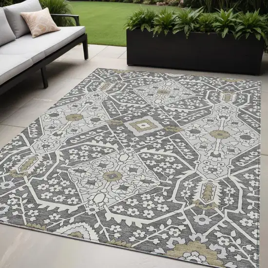 Charcoal Gray And Taupe Floral Washable Indoor Outdoor Area Rug Photo 1