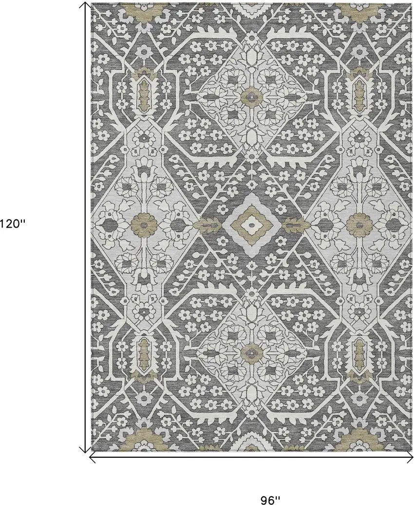 Charcoal Gray And Taupe Floral Washable Indoor Outdoor Area Rug Photo 3