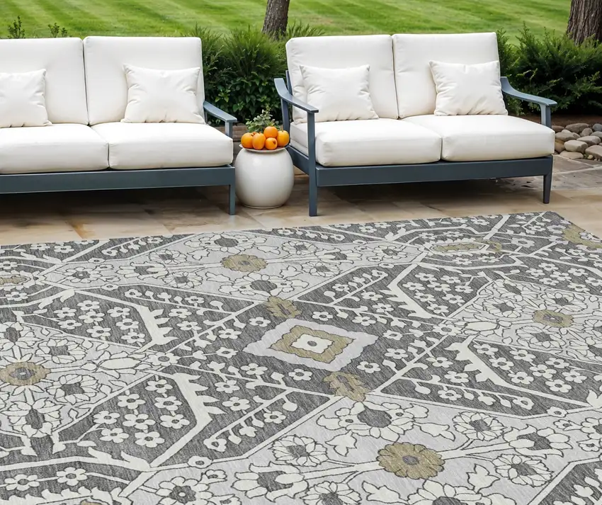 Charcoal Gray And Taupe Floral Washable Indoor Outdoor Area Rug Photo 1