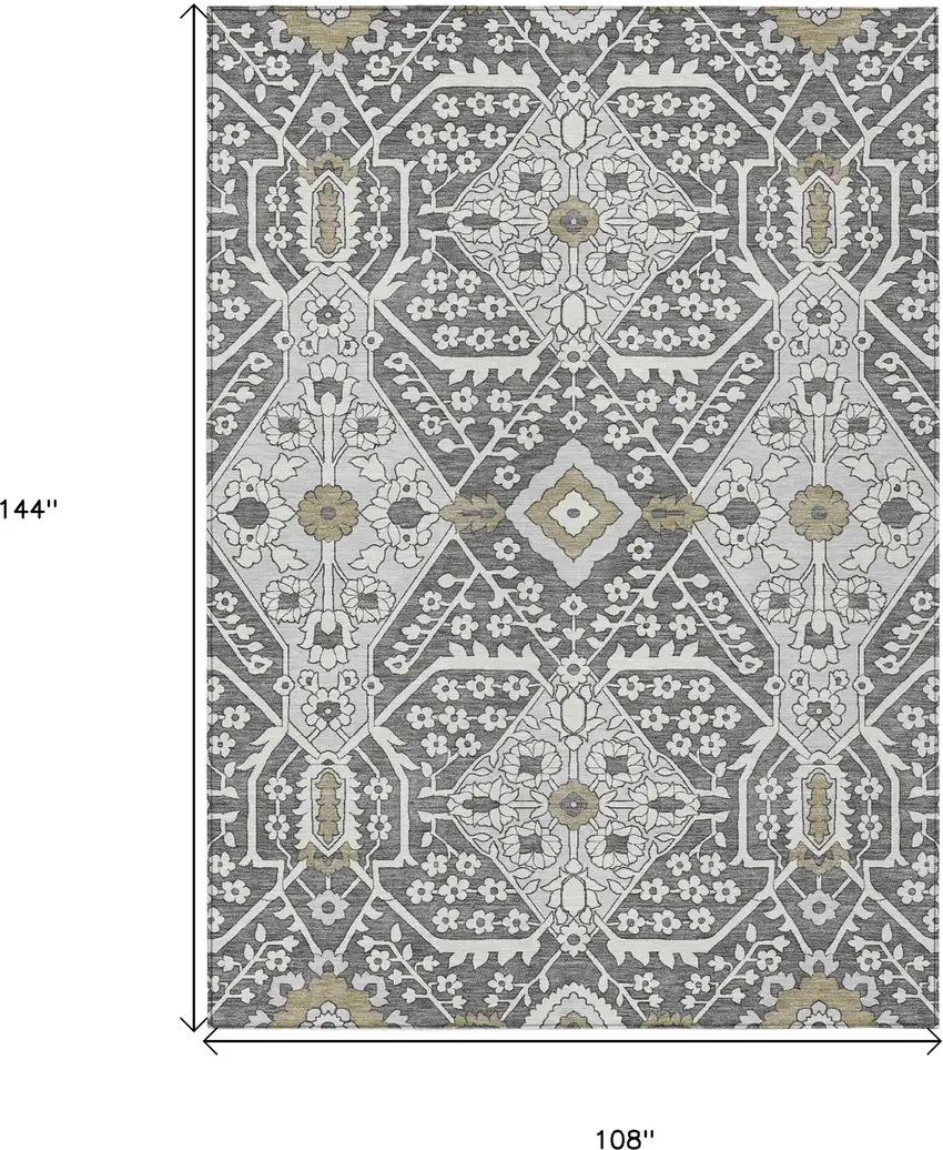 Charcoal Gray And Taupe Floral Washable Indoor Outdoor Area Rug Photo 3