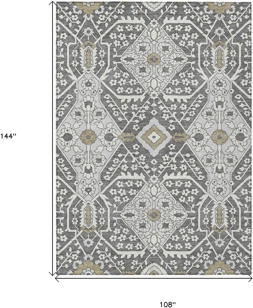 Charcoal Gray And Taupe Floral Washable Indoor Outdoor Area Rug Photo 3