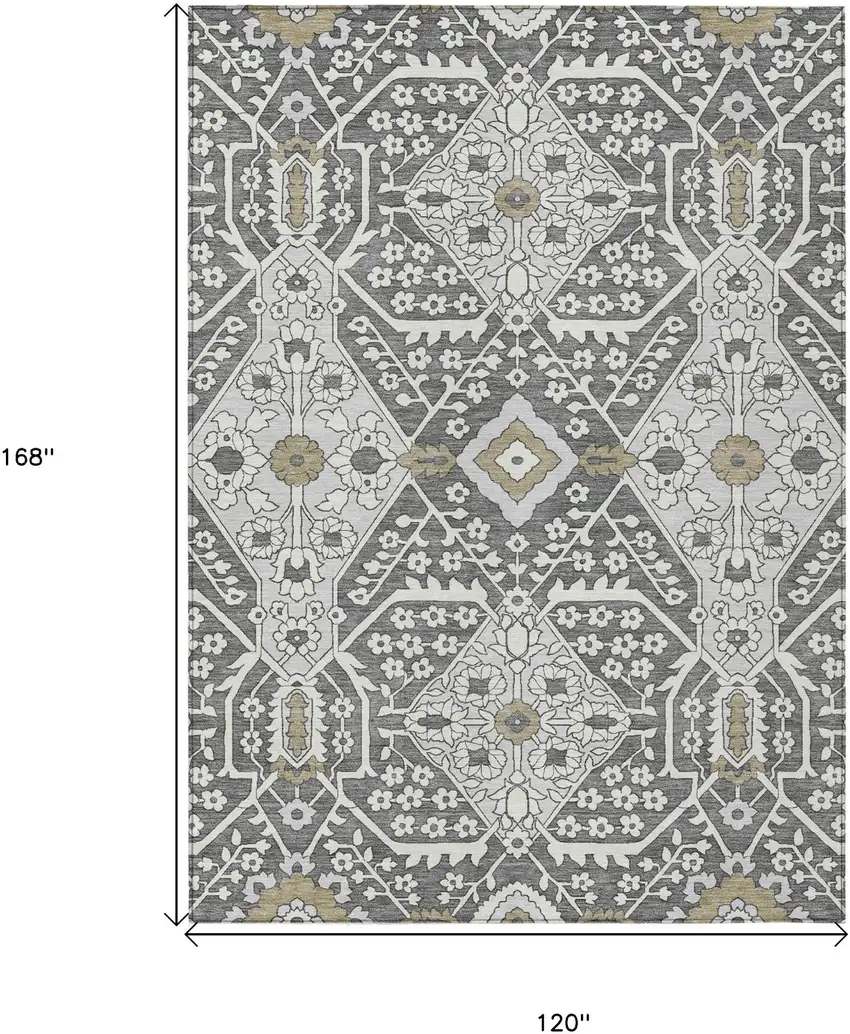 Charcoal Gray And Taupe Floral Washable Indoor Outdoor Area Rug Photo 3