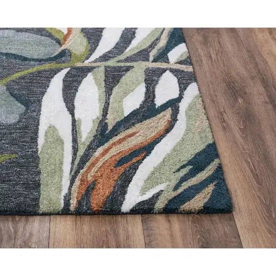 Charcoal Gray Green Orange Brown And Ivory Floral Hand Tufted Area Rug Photo 2