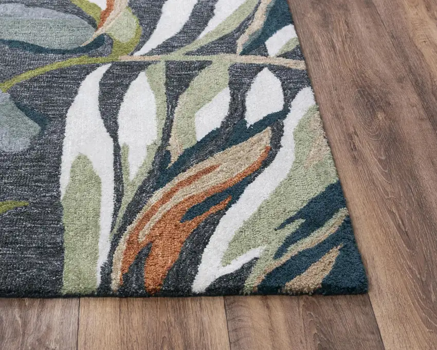 Charcoal Gray Green Orange Brown And Ivory Floral Hand Tufted Area Rug Photo 2