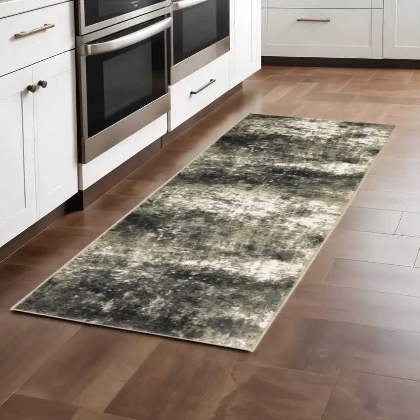 2' X 8' Charcoal Grey And Beige Abstract Power Loom Stain Resistant Runner Rug Photo 1