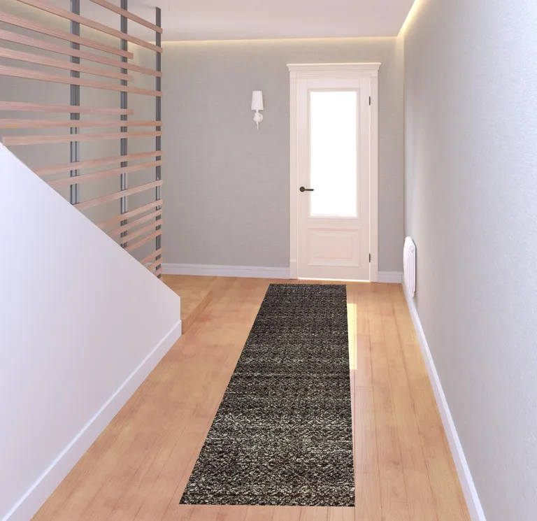 Charcoal Grey And Brown Geometric Power Loom Stain Resistant Runner Rug Photo 2