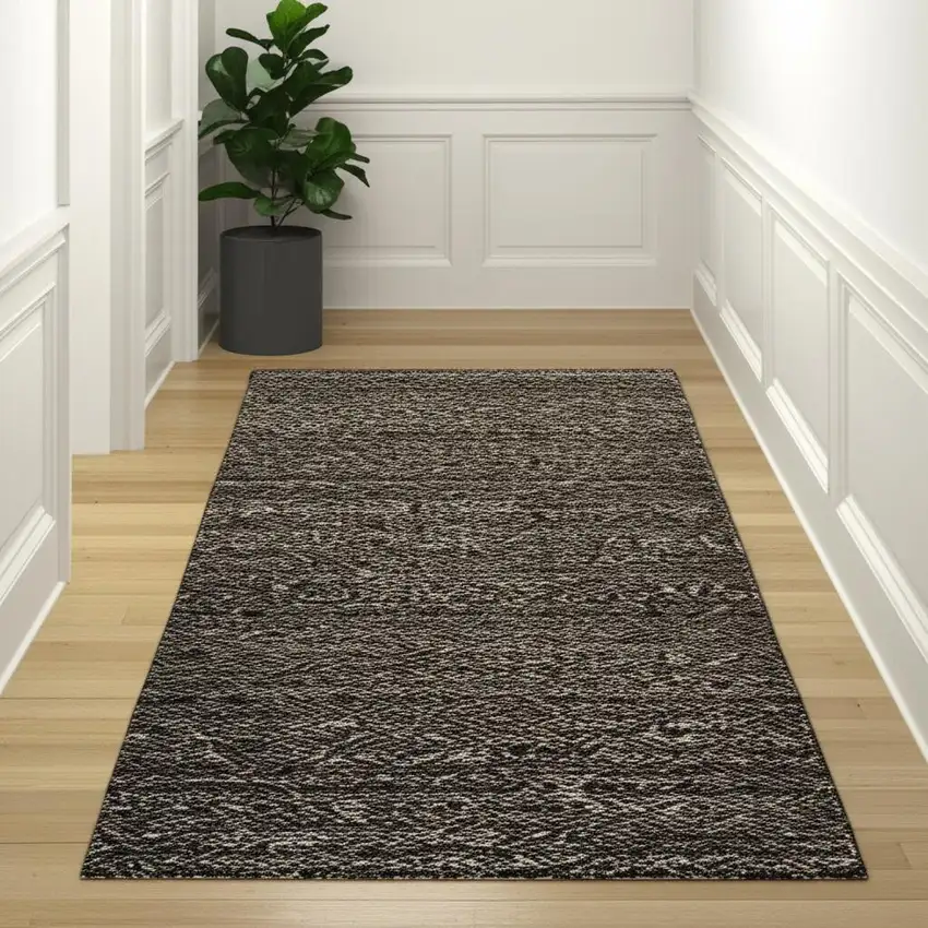 12' Charcoal Gray And Brown Geometric Runner Rug Photo 1