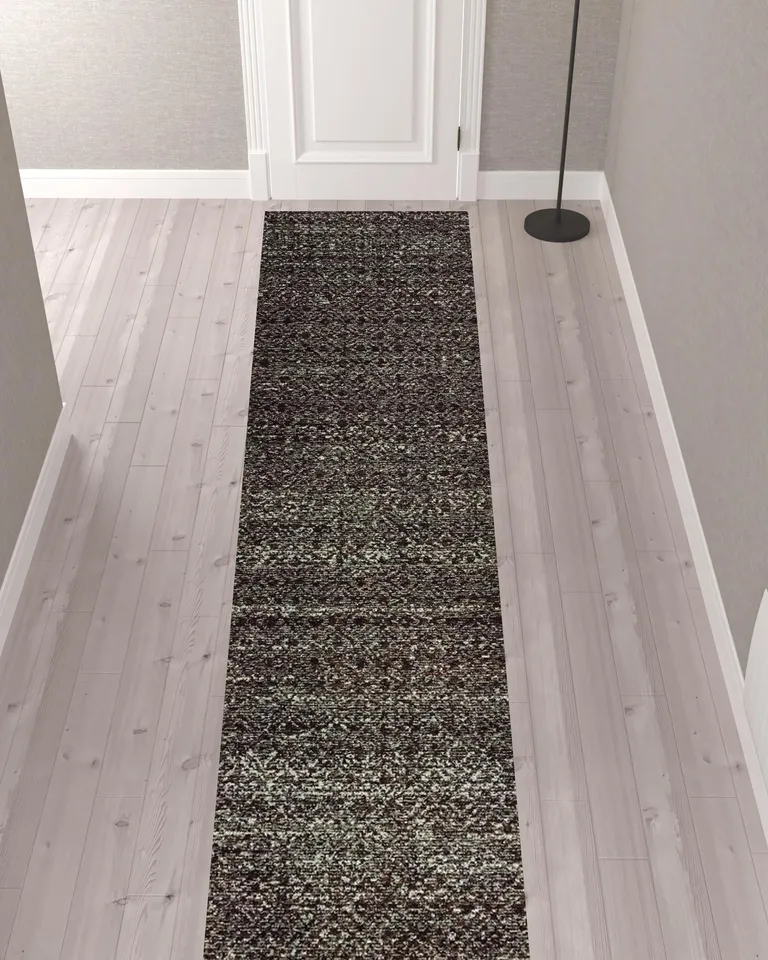 Charcoal Grey And Brown Geometric Power Loom Stain Resistant Runner Rug Photo 2