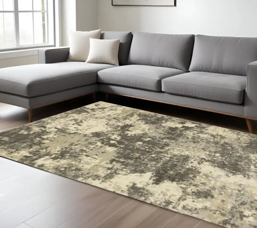 Charcoal Grey Beige And Tan Abstract Power Loom Stain Resistant Area Rug Photo 1
