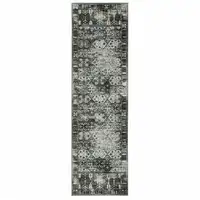 Photo of Charcoal Grey Blue Ivory And Taupe Oriental Power Loom Stain Resistant Runner Rug