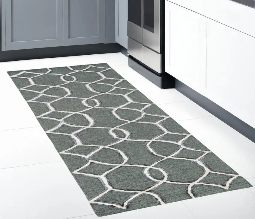 8' Charcoal Grey Hand Tufted Ogee Indoor Runner Rug Photo 1