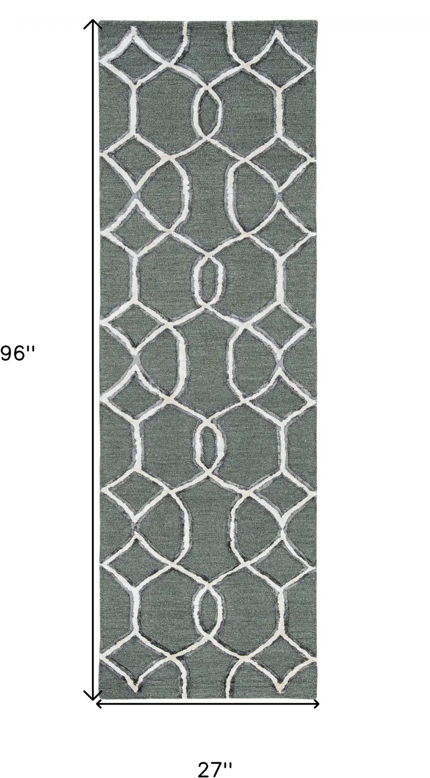 8' Charcoal Grey Hand Tufted Ogee Indoor Runner Rug Photo 3