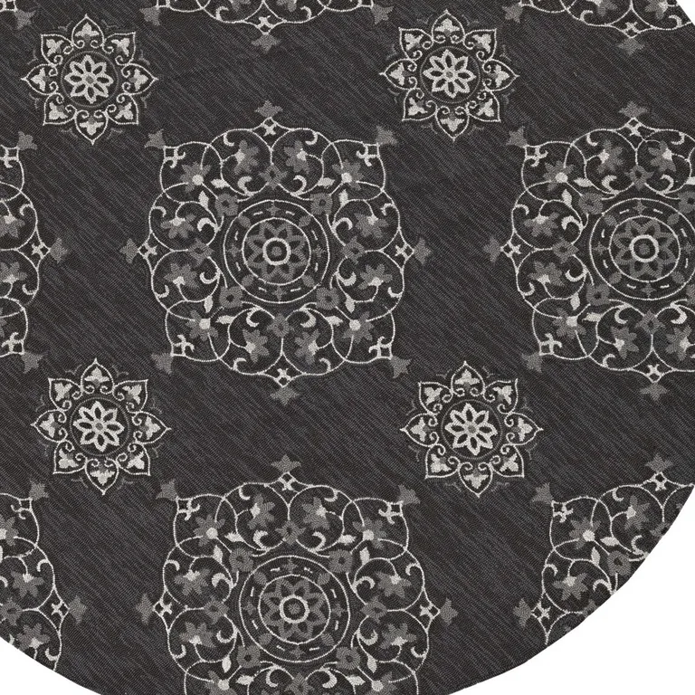 Charcoal Grey Hand Woven UV Treated Floral Disk Indoor Outdoor Area Rug Photo 2