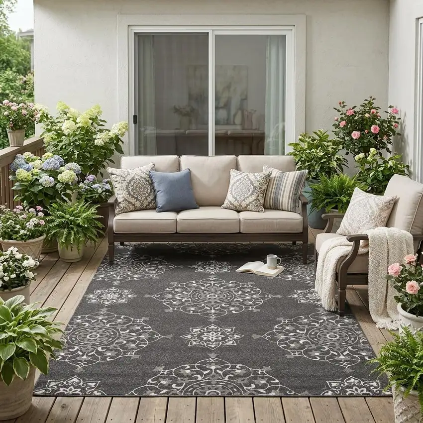 Charcoal Round Floral Indoor Outdoor Area Rug Photo 1