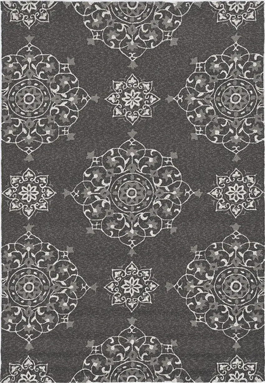 5'X8' Charcoal Grey Hand Woven Uv Treated Floral Disk Indoor Outdoor Area Rug Photo 2