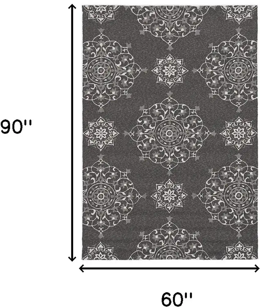 5'X8' Charcoal Grey Hand Woven Uv Treated Floral Disk Indoor Outdoor Area Rug Photo 3