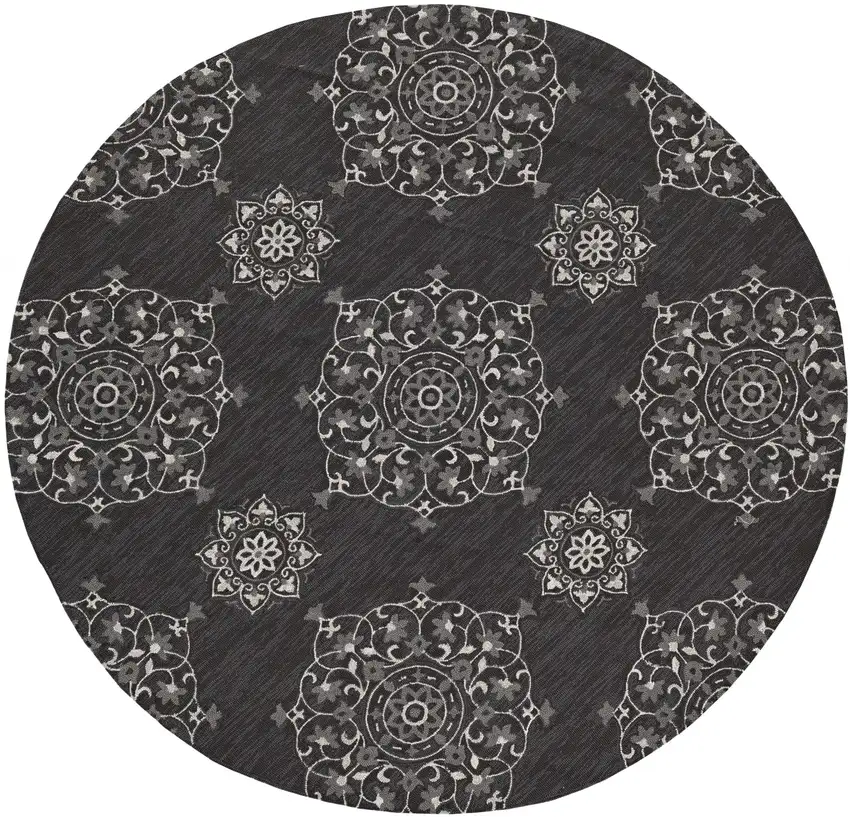 Charcoal Grey Hand Woven UV Treated Geometric Traditional Round Indoor Outdoor Area Rug Photo 4