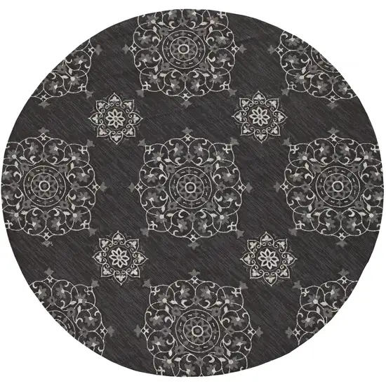 Charcoal Grey Hand Woven UV Treated Geometric Traditional Round Indoor Outdoor Area Rug Photo 1