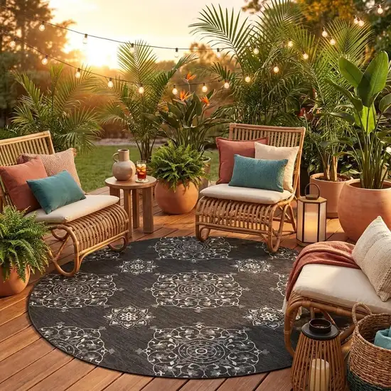 8' Charcoal Round Floral Indoor Outdoor Area Rug Photo 1