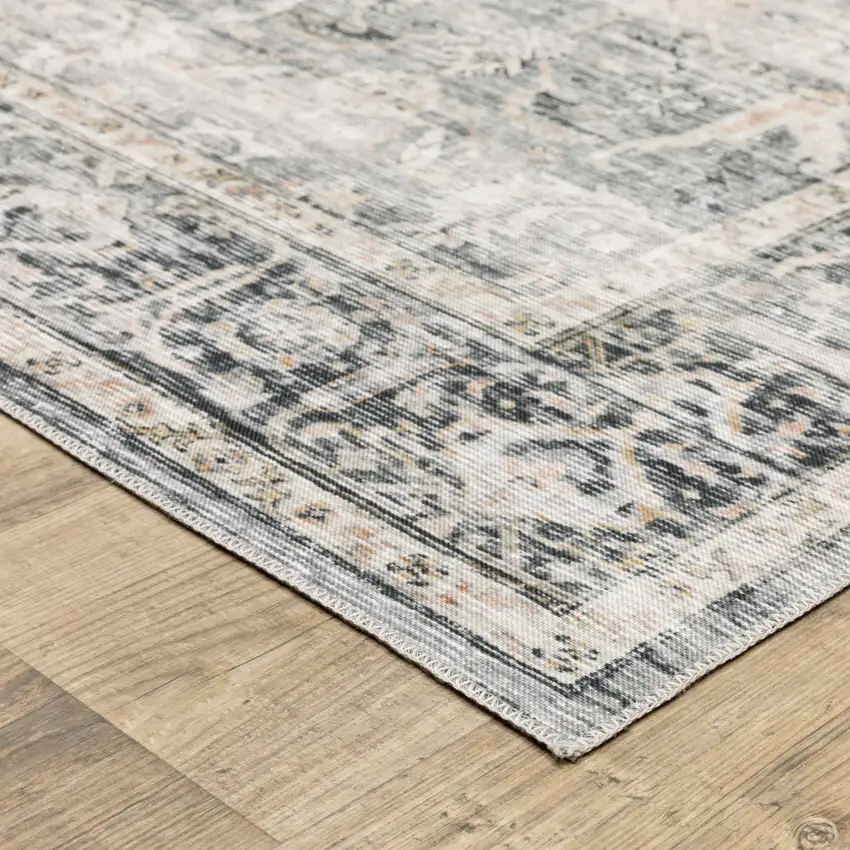 Charcoal Grey Salmon And Ivory Oriental Printed Stain Resistant Non Skid Area Rug Photo 5