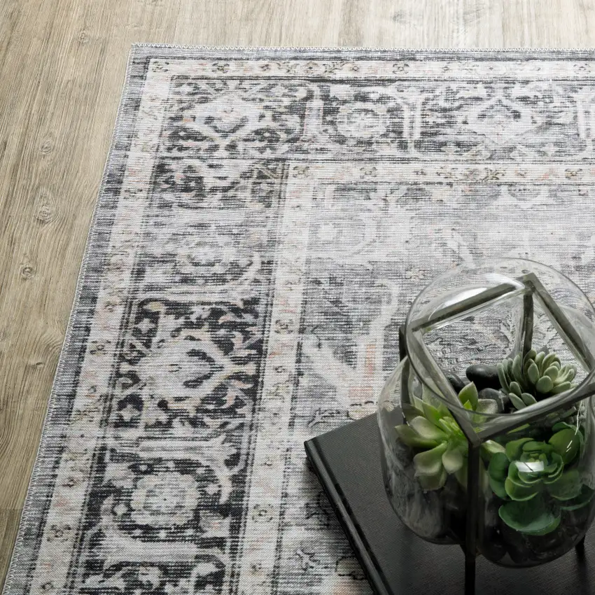 Charcoal Grey Salmon And Ivory Oriental Printed Stain Resistant Non Skid Area Rug Photo 7