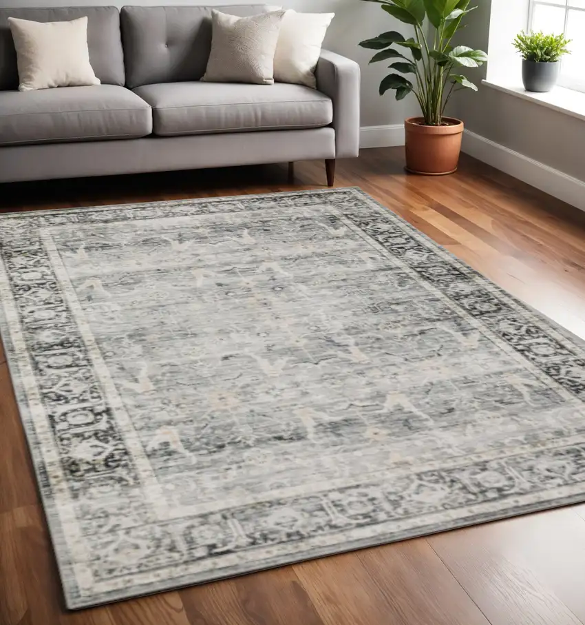 Charcoal Grey Salmon And Ivory Oriental Printed Stain Resistant Non Skid Area Rug Photo 1