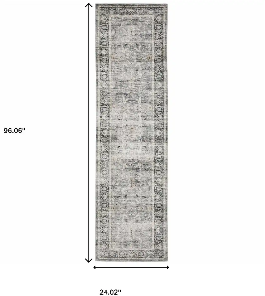 Charcoal Grey Salmon And Ivory Oriental Printed Stain Resistant Non Skid Runner Rug Photo 9