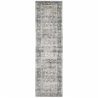 Photo of Charcoal Grey Salmon And Ivory Oriental Printed Stain Resistant Non Skid Runner Rug
