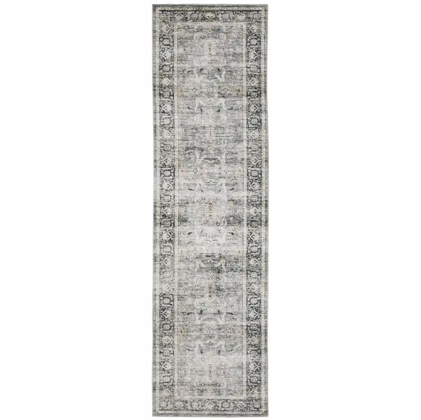 Charcoal Grey Salmon And Ivory Oriental Printed Stain Resistant Non Skid Runner Rug Photo 2
