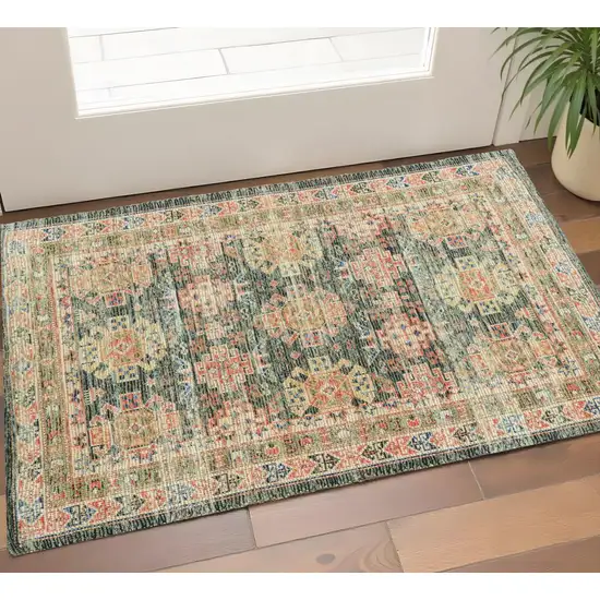 Brick Red Green And Brown Jute Southwestern Hand Woven Distressed Area Rug Photo 1