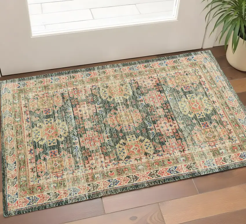 Brick Red Green And Brown Jute Southwestern Hand Woven Distressed Area Rug Photo 1