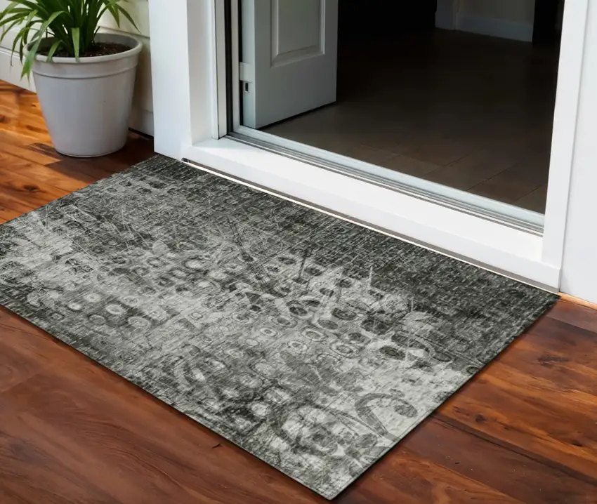 Charcoal Ikat Washable Non Skid Indoor Outdoor Area Rug Photo 1