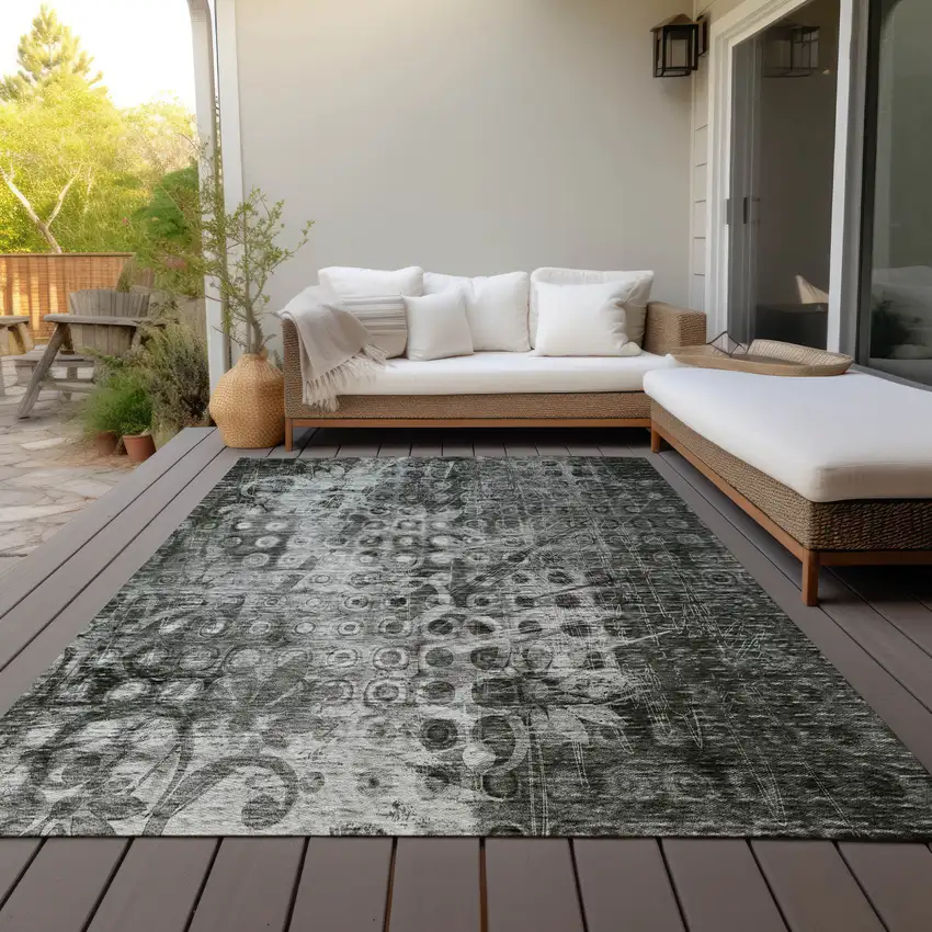 Charcoal Ikat Washable Indoor Outdoor Area Rug Photo 9