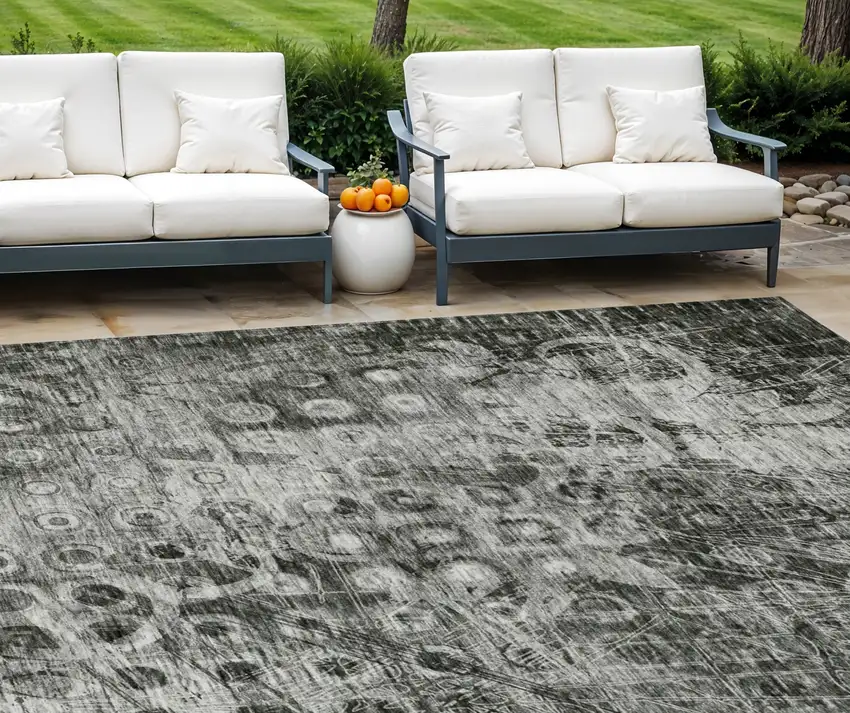 Charcoal Ikat Washable Non Skid Indoor Outdoor Area Rug Photo 1
