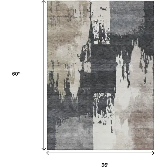 Charcoal Ivory And Beige Abstract Washable Indoor Outdoor Area Rug Photo 3