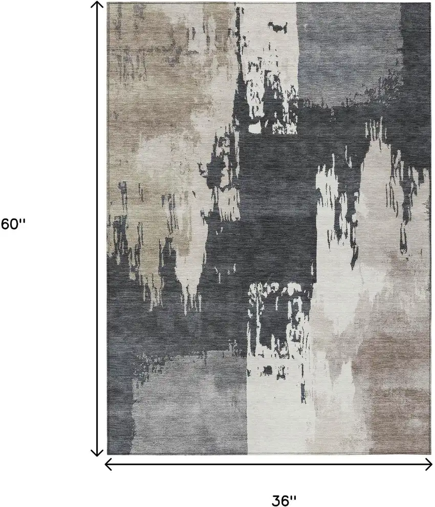 Charcoal Ivory And Beige Abstract Washable Indoor Outdoor Area Rug Photo 3