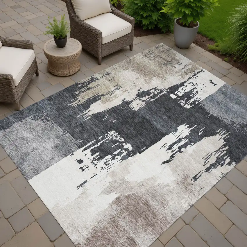Charcoal Ivory And Beige Abstract Washable Indoor Outdoor Area Rug Photo 8