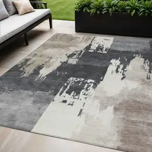 Photo of Charcoal Ivory And Beige Abstract Washable Indoor Outdoor Area Rug