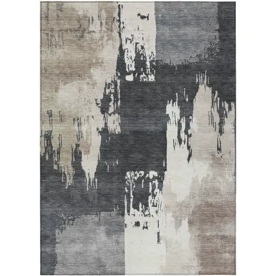 Charcoal Ivory And Beige Abstract Washable Indoor Outdoor Area Rug Photo 2