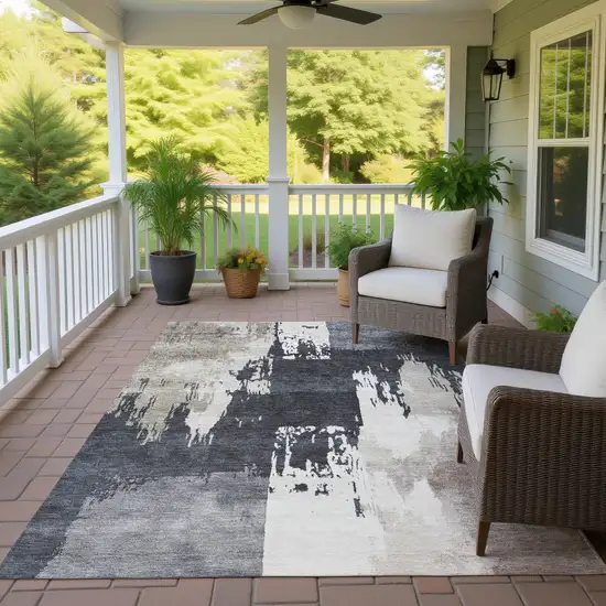 Charcoal Ivory And Beige Abstract Washable Indoor Outdoor Area Rug Photo 9