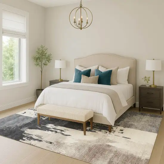 Charcoal Ivory And Beige Abstract Washable Indoor Outdoor Area Rug Photo 8