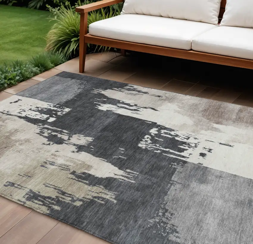 Charcoal Ivory And Beige Abstract Washable Indoor Outdoor Area Rug Photo 1