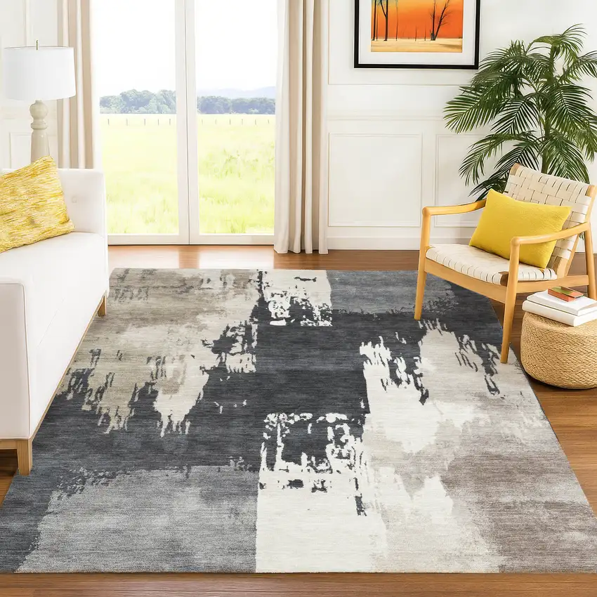 Charcoal Ivory And Beige Abstract Washable Indoor Outdoor Area Rug Photo 9