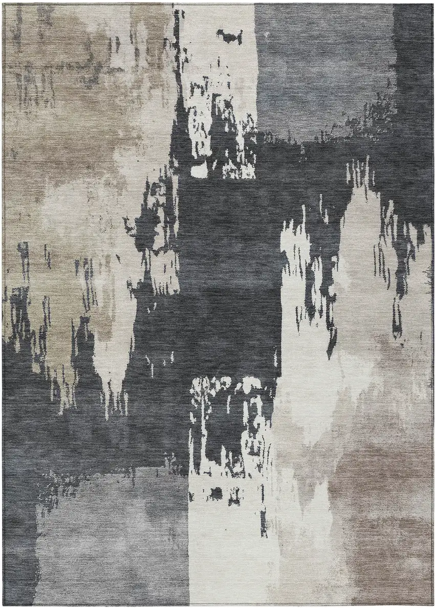 Charcoal Ivory And Beige Abstract Washable Indoor Outdoor Area Rug Photo 2