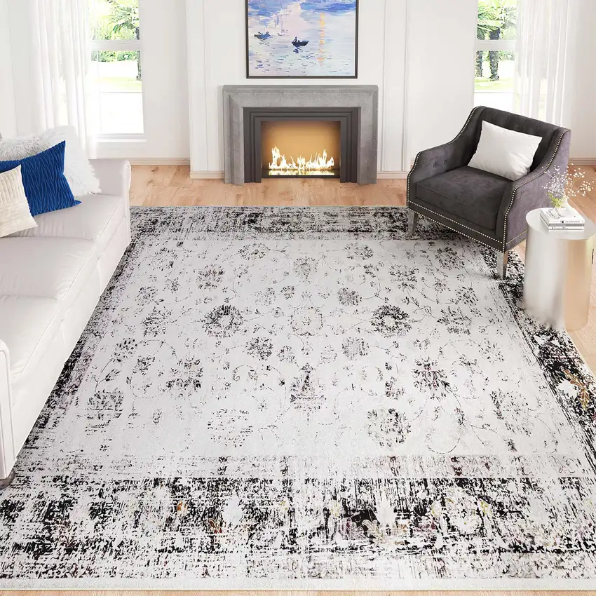 Charcoal Ivory And Beige Floral Distressed Area Rug Photo 4