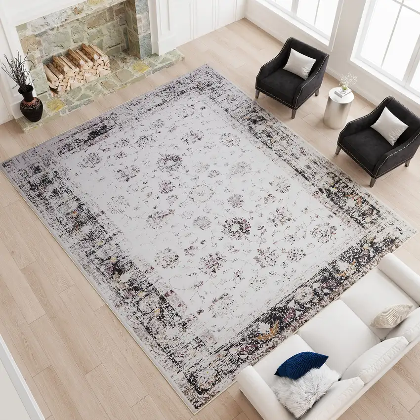 Charcoal Ivory And Beige Floral Distressed Area Rug Photo 7