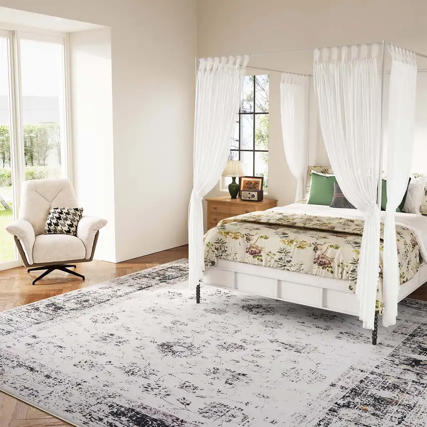 Charcoal Ivory And Beige Floral Distressed Area Rug Photo 5